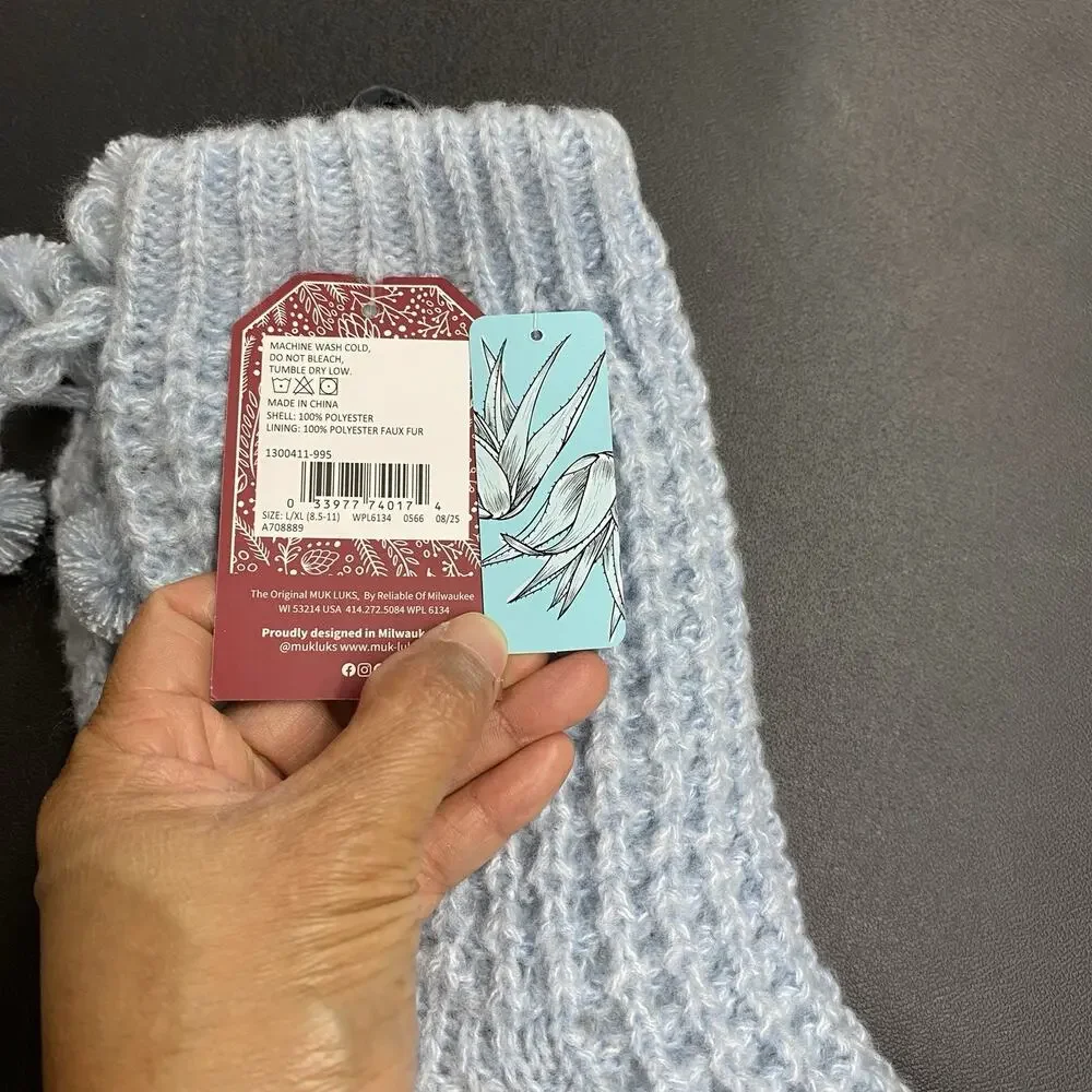 Muk Luks Cozy Knit Slipper Socks Pom Pom Aloe Infused Womens Warm Lounge L / XL
